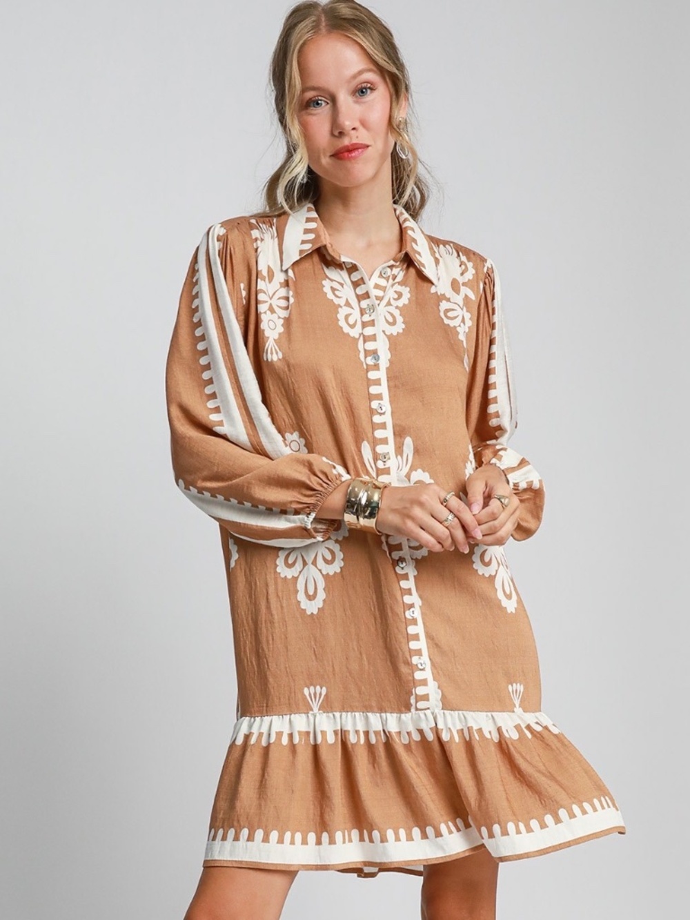 Umgee Mocha Abstract Print Button Front Ruffle Hem Mini Dress NWT